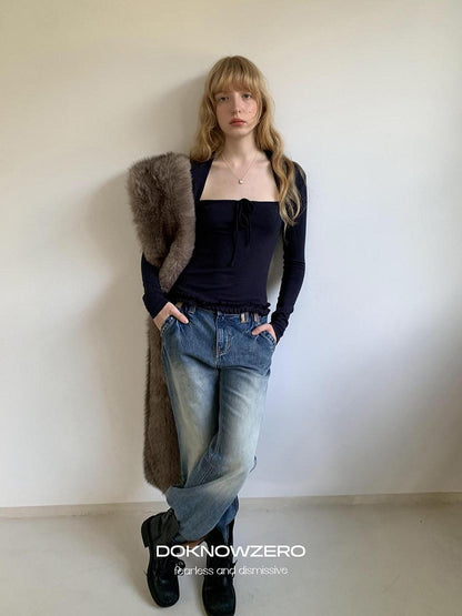 DKZ OFFICIAL Washed Blue Distressed Patch Pocket Vintage Women&