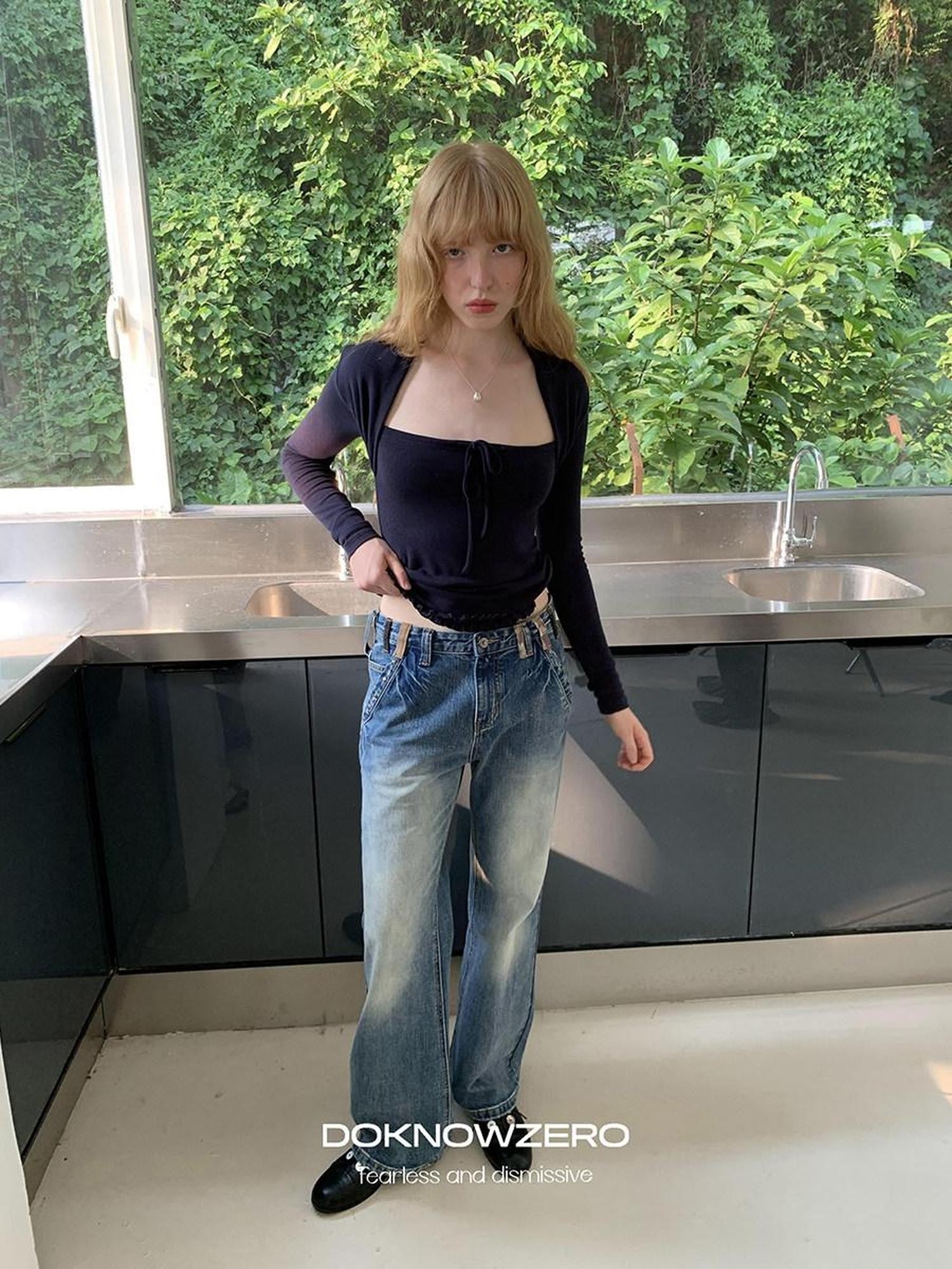 DKZ OFFICIAL Washed Blue Distressed Patch Pocket Vintage Women&