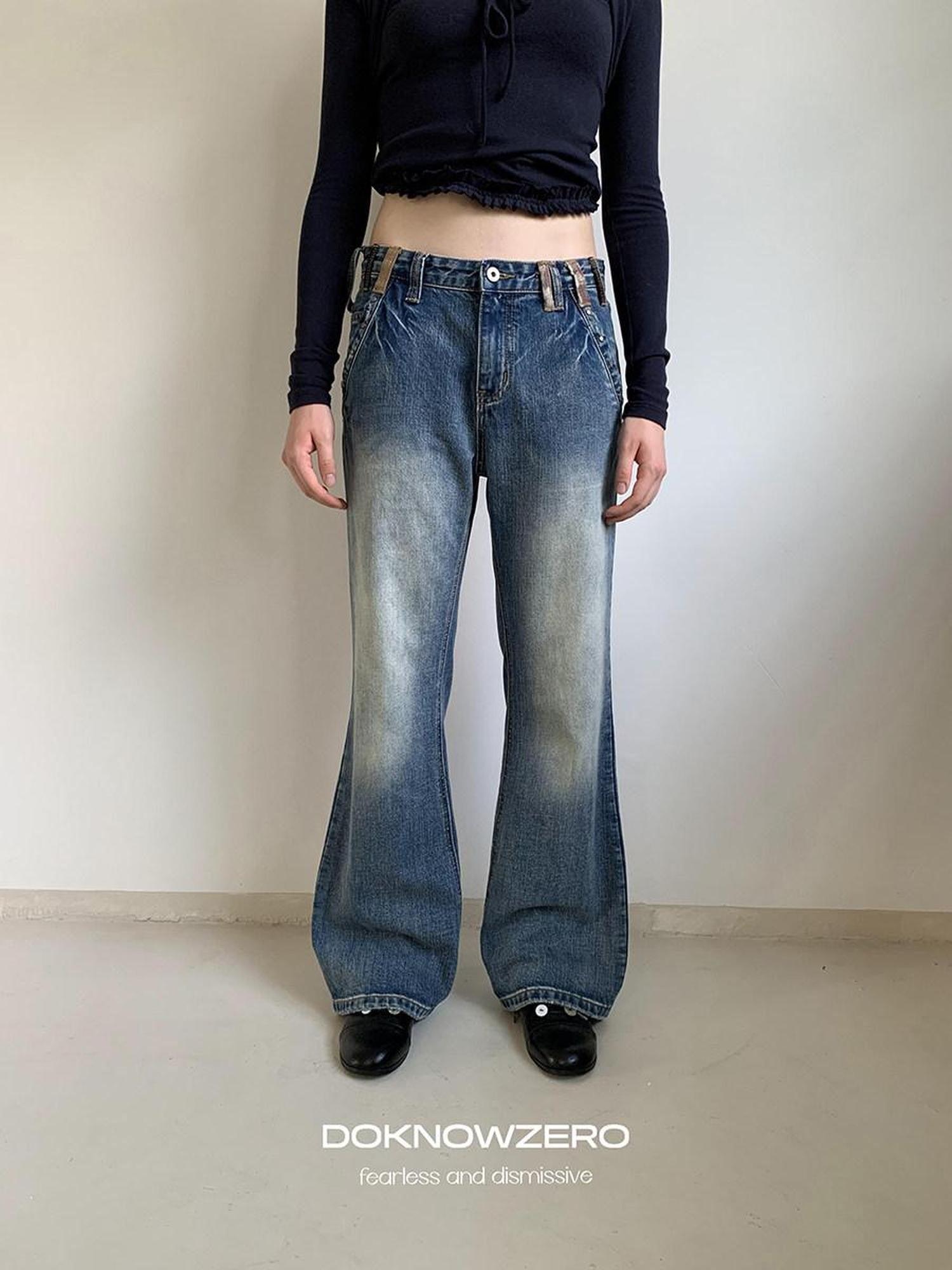 DKZ OFFICIAL Washed Blue Distressed Patch Pocket Vintage Women&