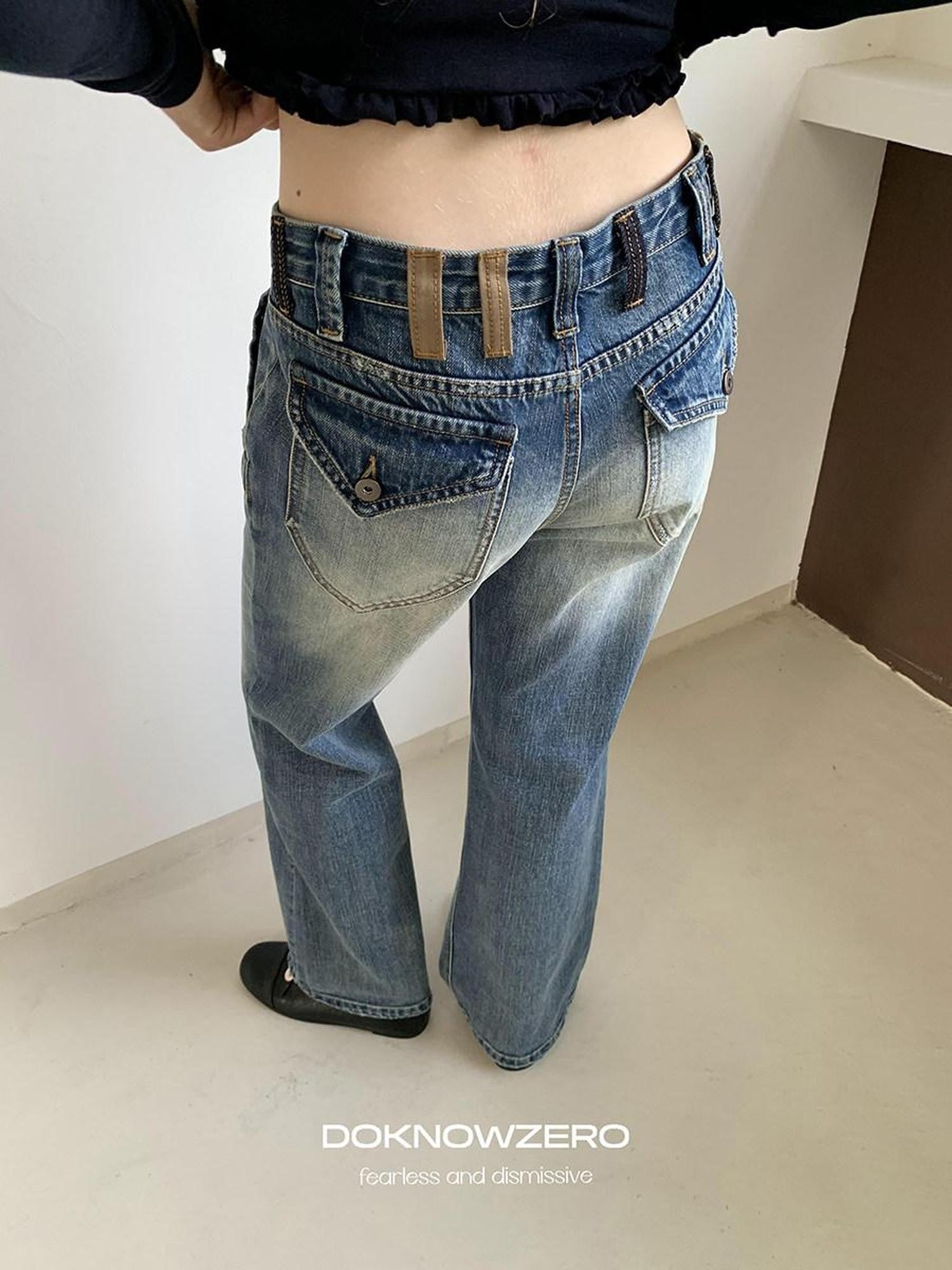 DKZ OFFICIAL Washed Blue Distressed Patch Pocket Vintage Women&