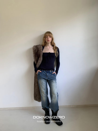 DKZ OFFICIAL Washed Blue Distressed Patch Pocket Vintage Women&