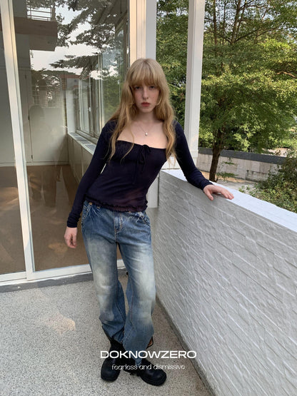 DKZ OFFICIAL Washed Blue Distressed Patch Pocket Vintage Women&