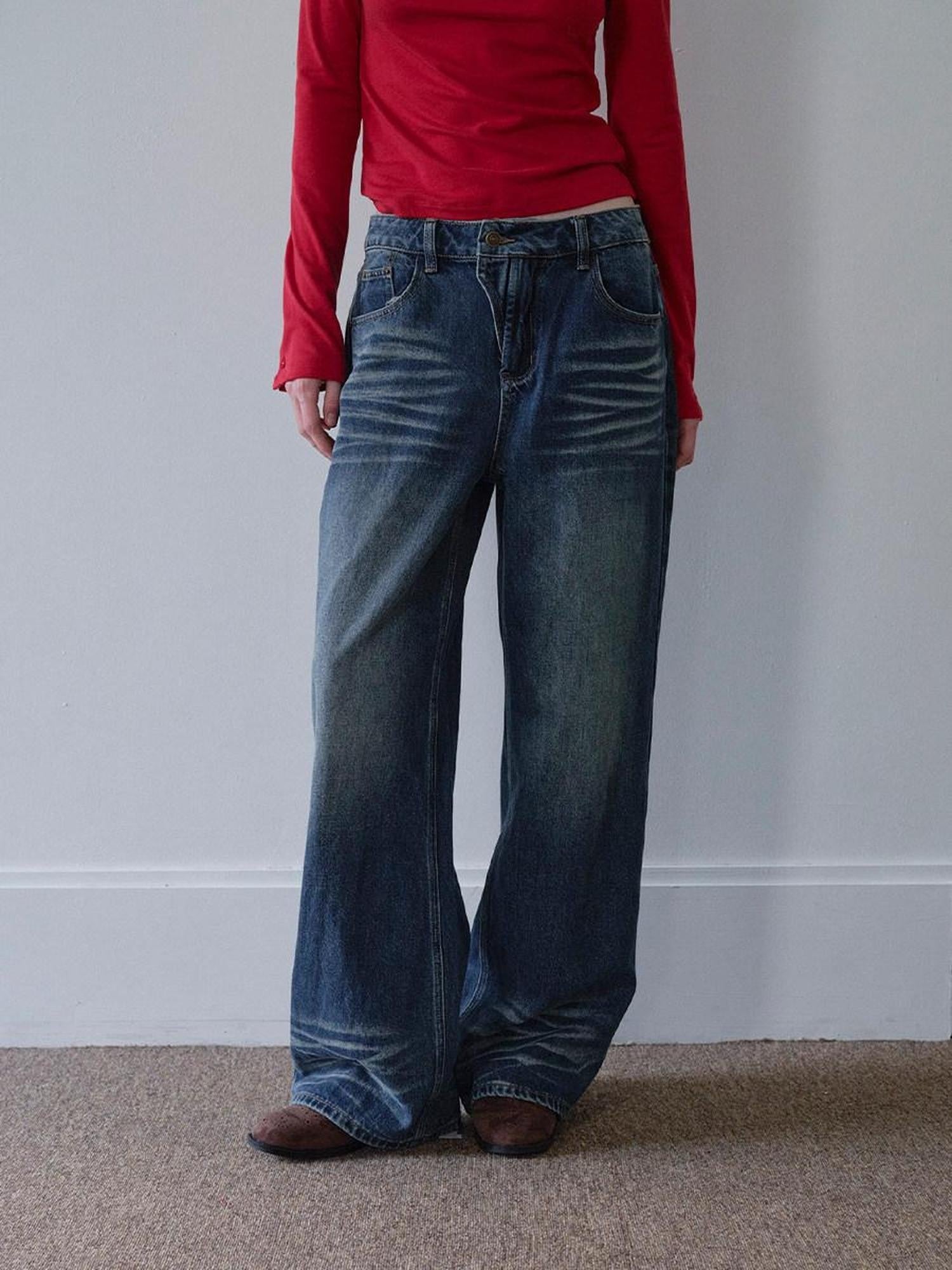 DKZ OFFICIAL Washed Blue Vintage Relaxed Button Fly Pockets Women&
