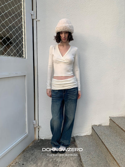 DKZ OFFICIAL Washed Blue Vintage Relaxed Button Fly Pockets Women&