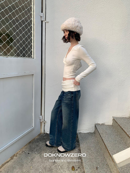DKZ OFFICIAL Washed Blue Vintage Relaxed Button Fly Pockets Women&