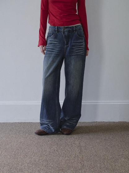 DKZ OFFICIAL Washed Blue Vintage Relaxed Button Fly Pockets Women&