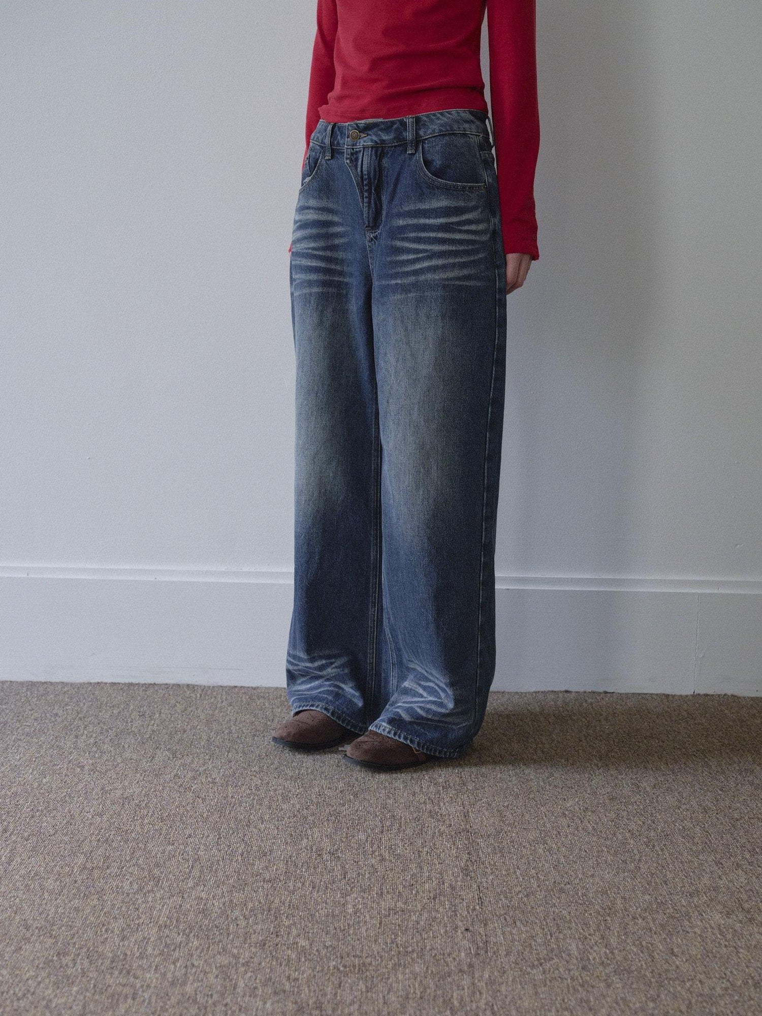 DKZ OFFICIAL Washed Blue Vintage Relaxed Button Fly Pockets Women&