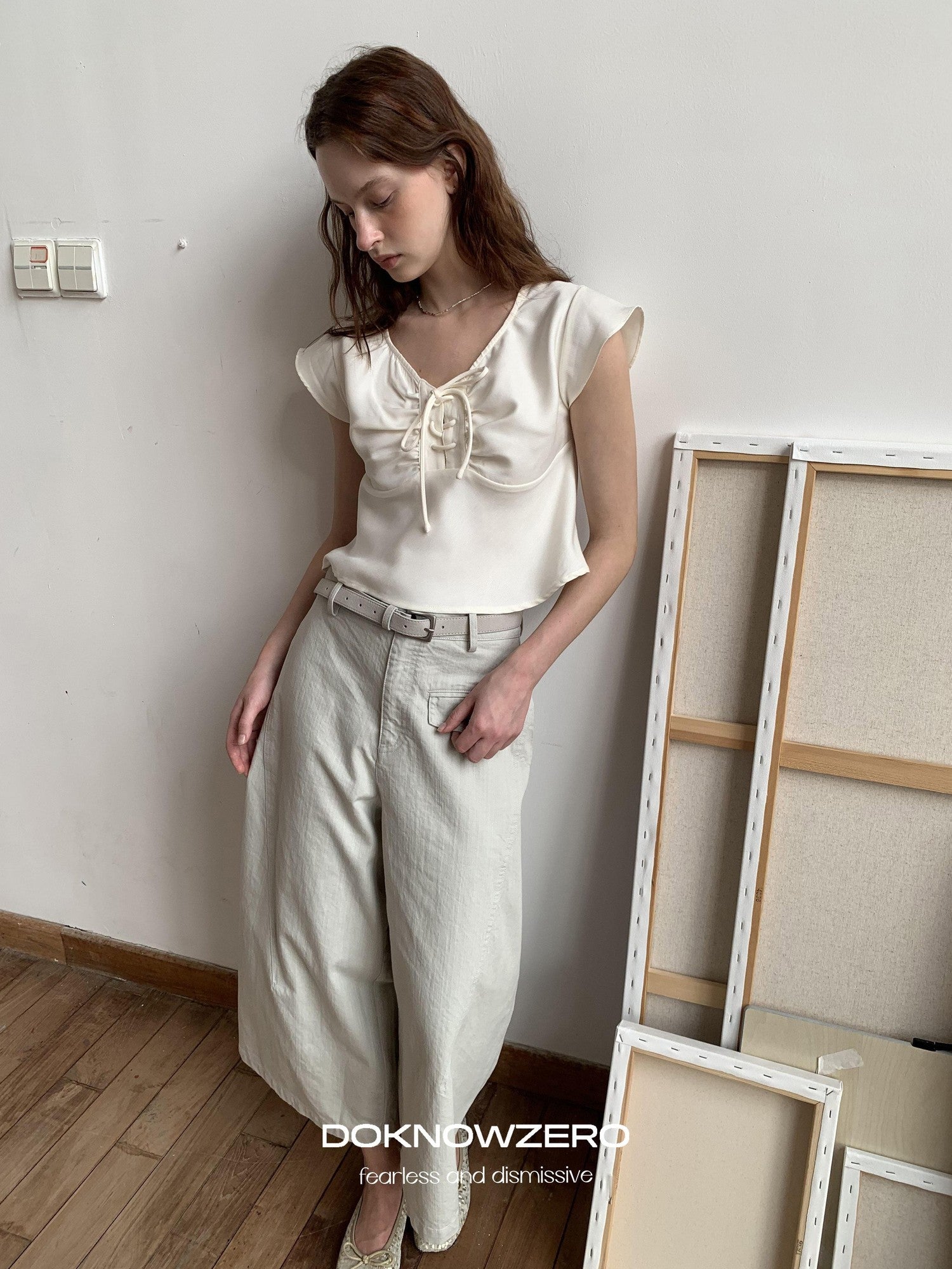 DKZ OFFICIAL Washed Cargo Belted Loose Retro Straight Women&