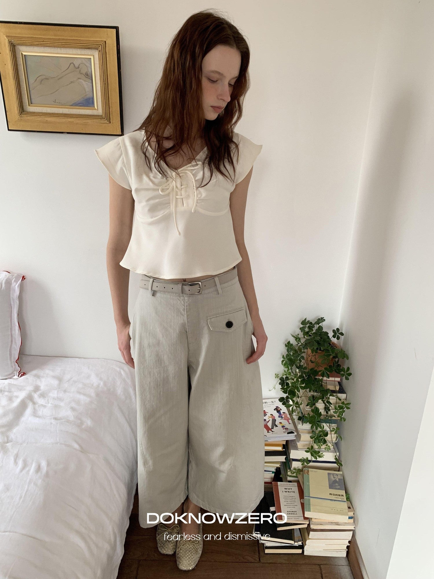 DKZ OFFICIAL Washed Cargo Belted Loose Retro Straight Women&