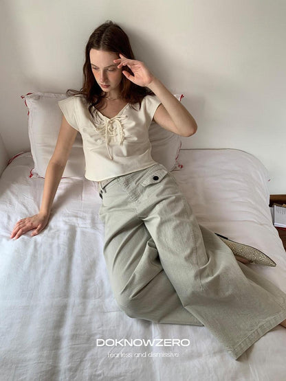 DKZ OFFICIAL Washed Cargo Belted Loose Retro Straight Women&