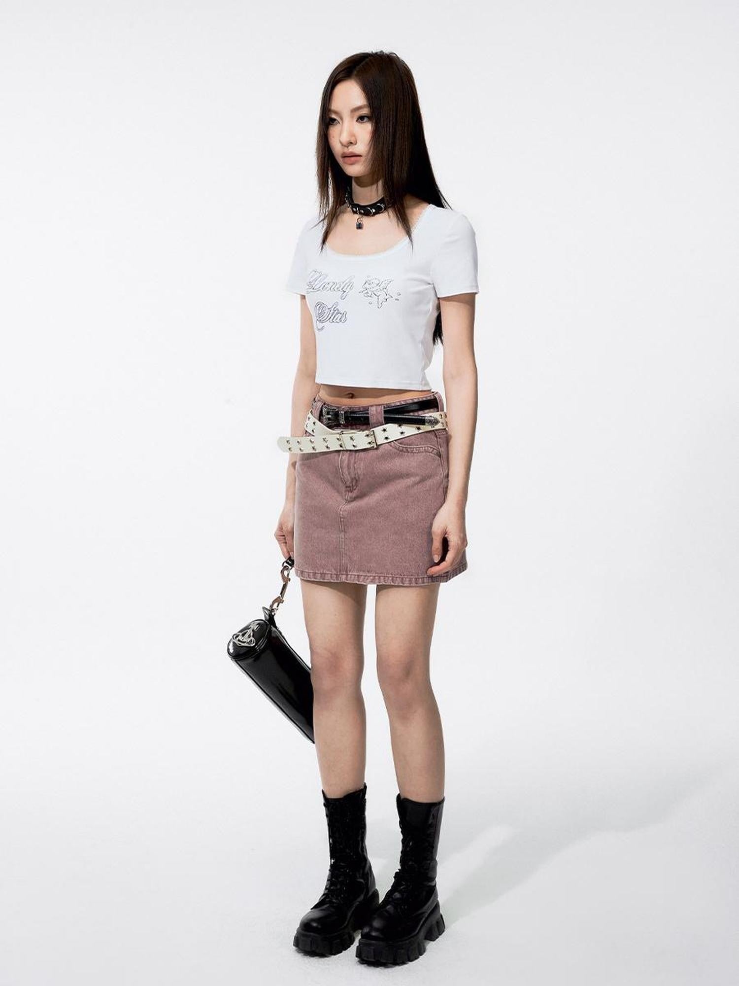 DKZ OFFICIAL Washed Pink Distressed Pocket A Line Mid Waist Cotton Women&