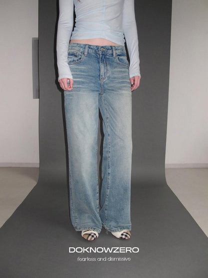 DKZ OFFICIAL Washed Vintage Blue Button Fly Natural Waist Women&