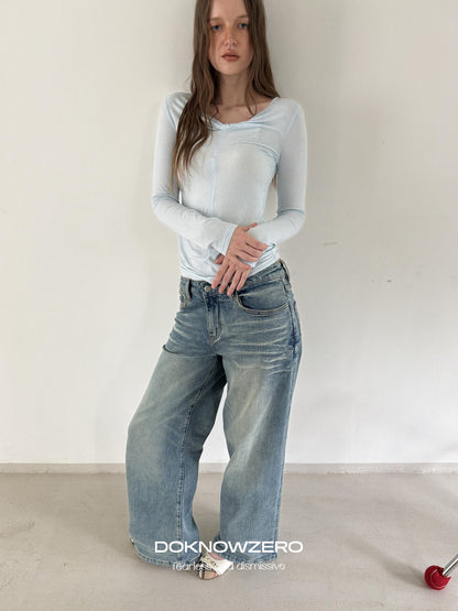 DKZ OFFICIAL Washed Vintage Blue Button Fly Natural Waist Women&