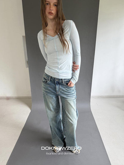DKZ OFFICIAL Washed Vintage Blue Button Fly Natural Waist Women&