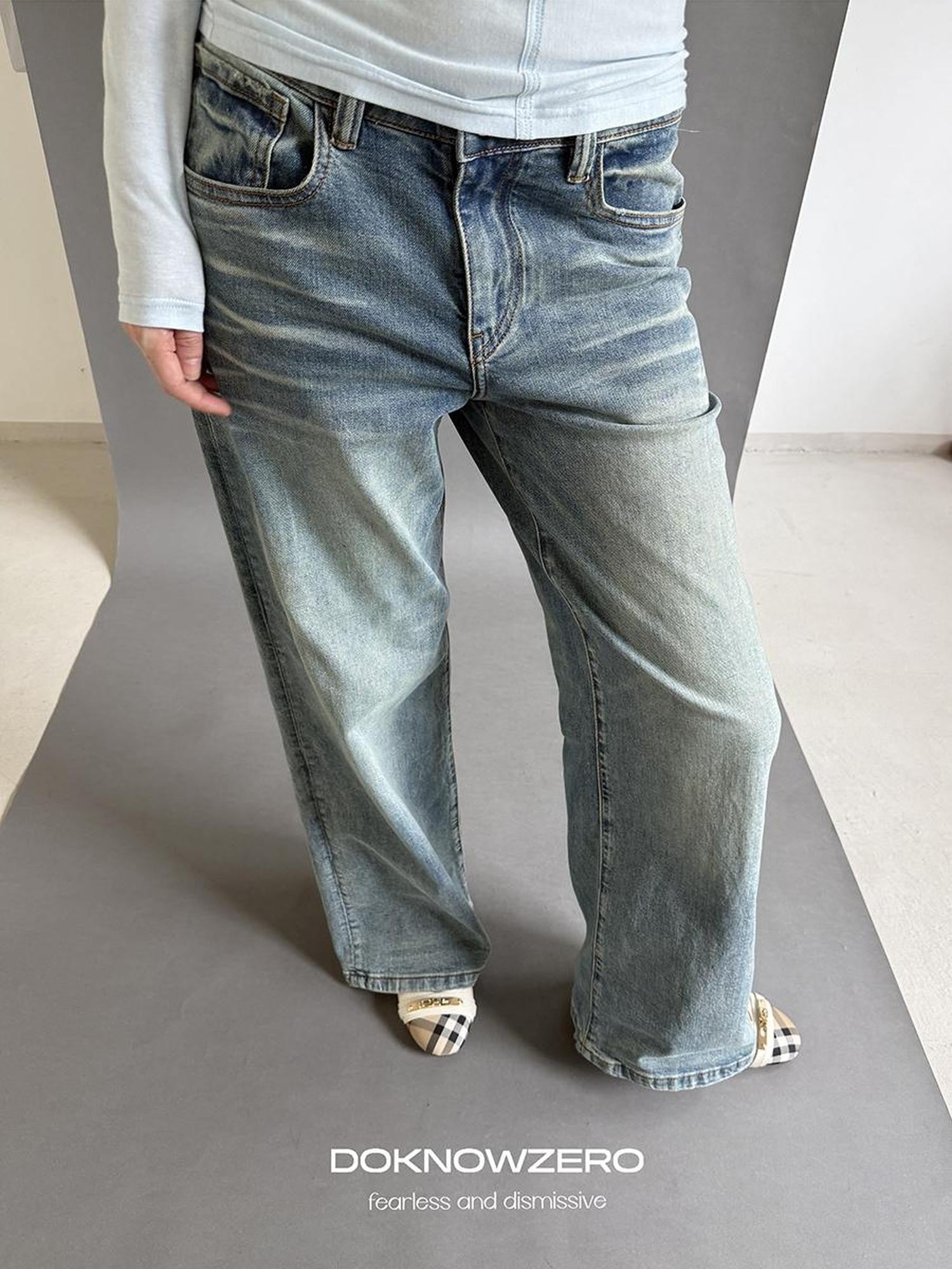 DKZ OFFICIAL Washed Vintage Blue Button Fly Natural Waist Women&