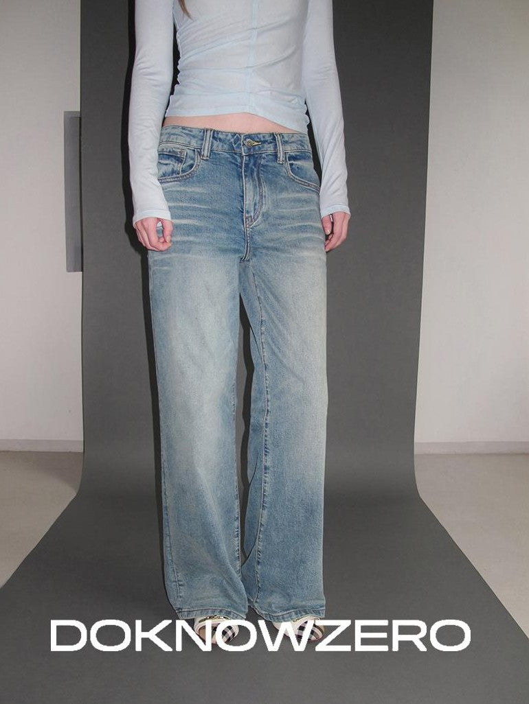 DKZ OFFICIAL Washed Vintage Blue Button Fly Natural Waist Women&