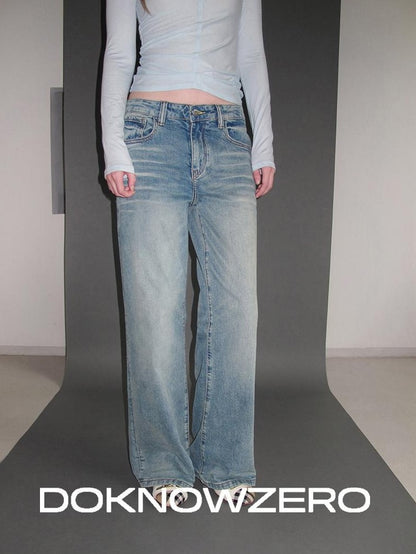 DKZ OFFICIAL Washed Vintage Blue Button Fly Natural Waist Women&