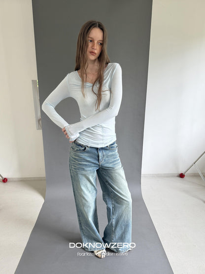 DKZ OFFICIAL Washed Vintage Blue Button Fly Natural Waist Women&