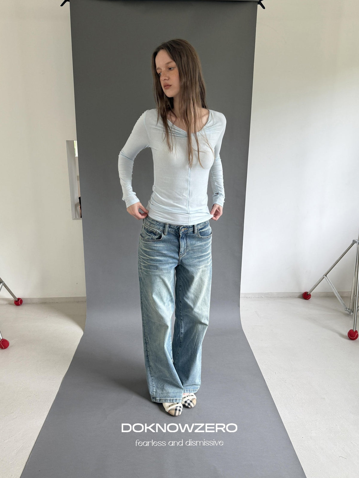 DKZ OFFICIAL Washed Vintage Blue Button Fly Natural Waist Women&