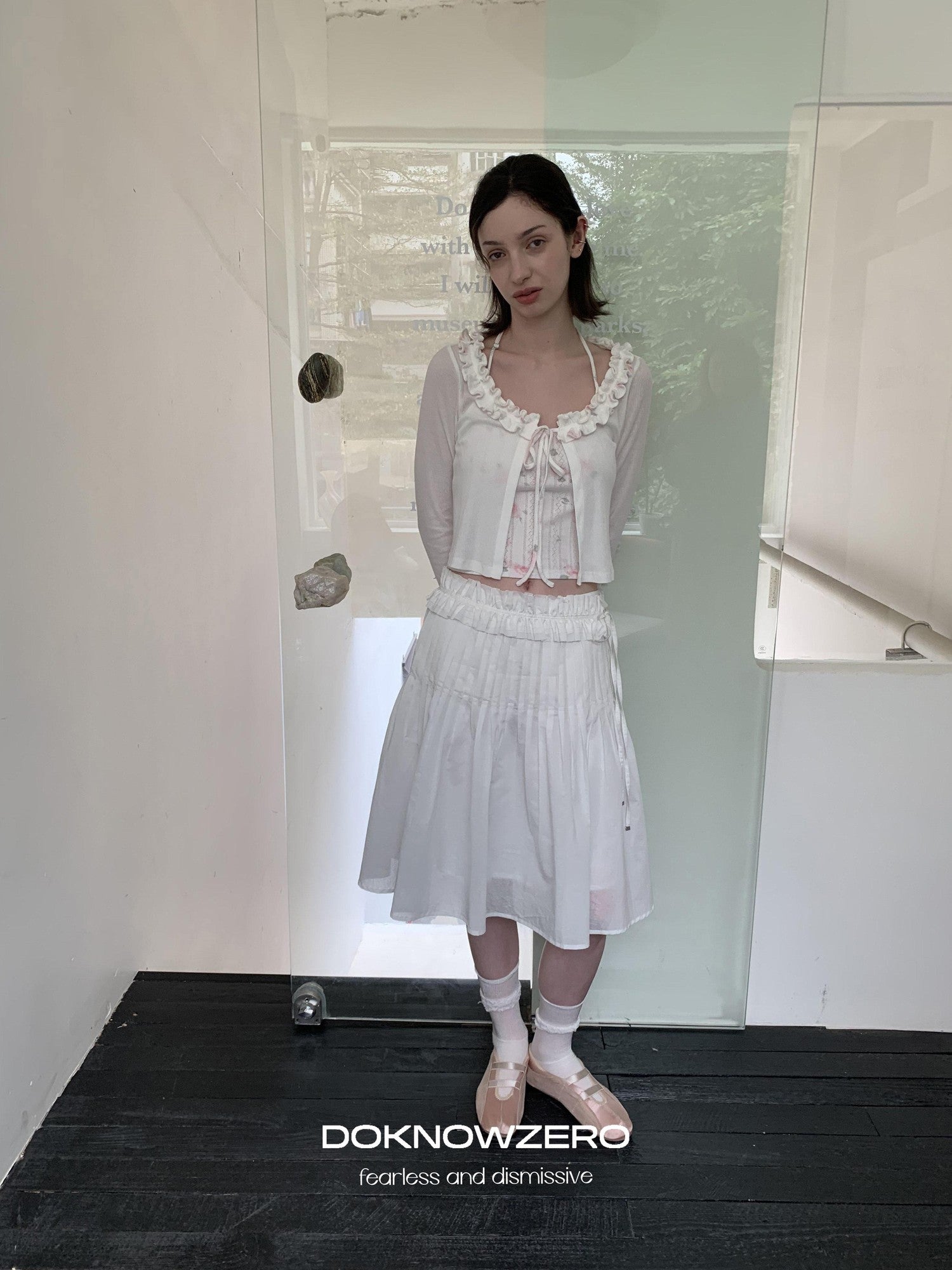 DKZ OFFICIAL White Ballet Detachable Belt Pleated A Line Women&