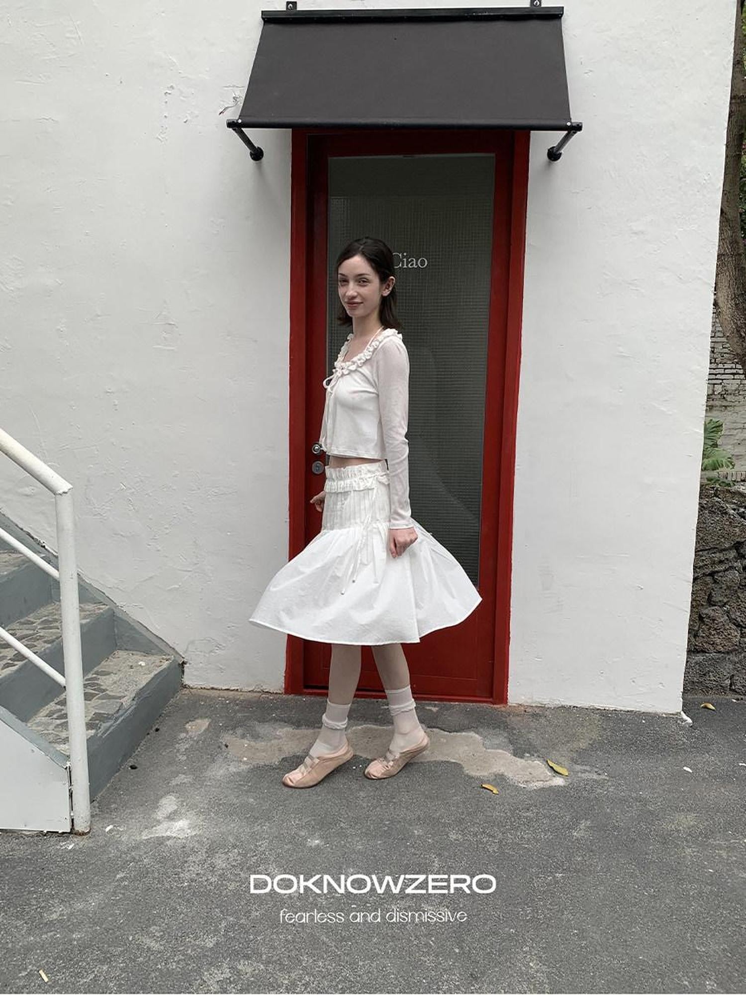 DKZ OFFICIAL White Ballet Detachable Belt Pleated A Line Women&
