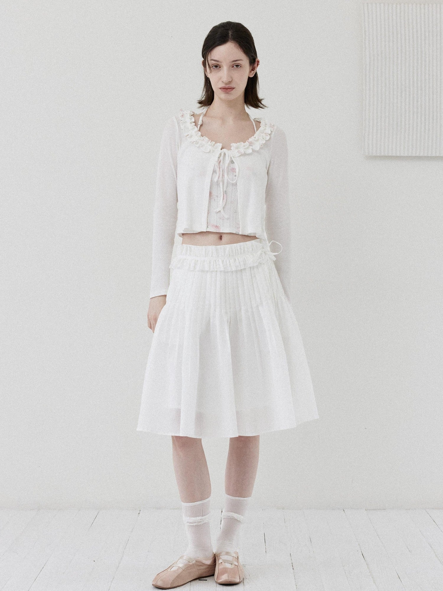 DKZ OFFICIAL White Ballet Detachable Belt Pleated A Line Women&