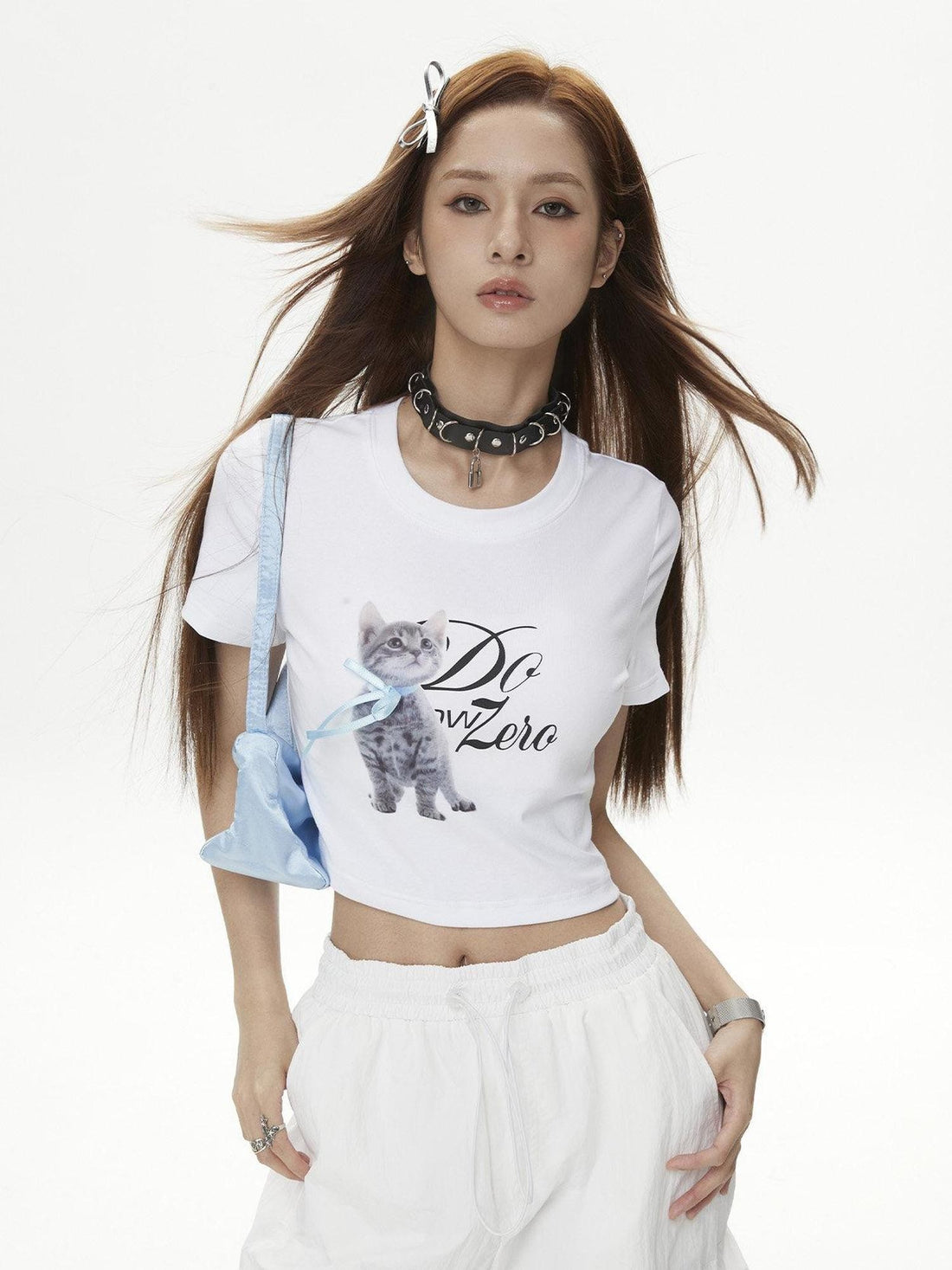 DKZ OFFICIAL White Cat And Text Print Round Neck Short Sleeve Women&