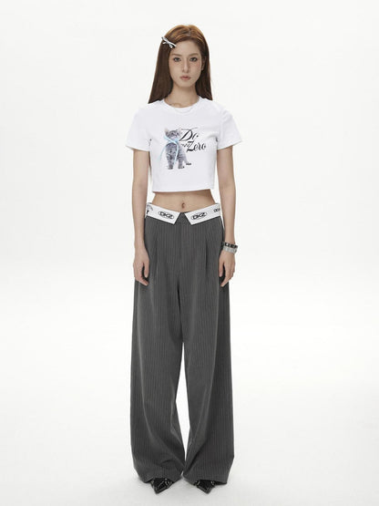 DKZ OFFICIAL White Cat And Text Print Round Neck Short Sleeve Women&