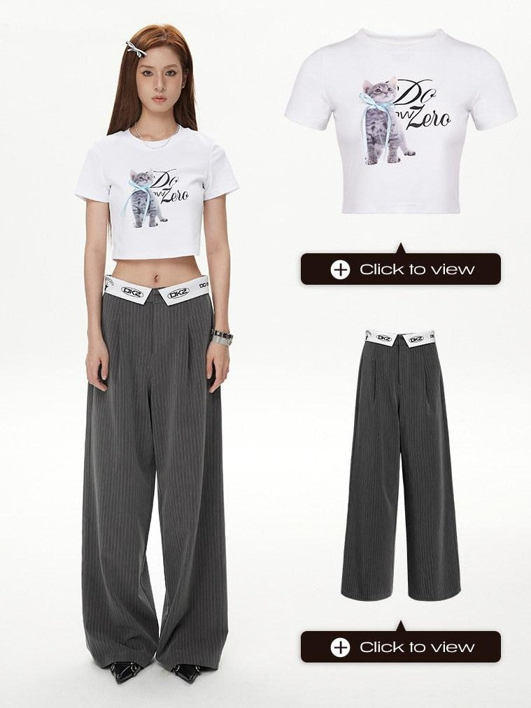 DKZ OFFICIAL White Cat And Text Print Round Neck Short Sleeve Women&