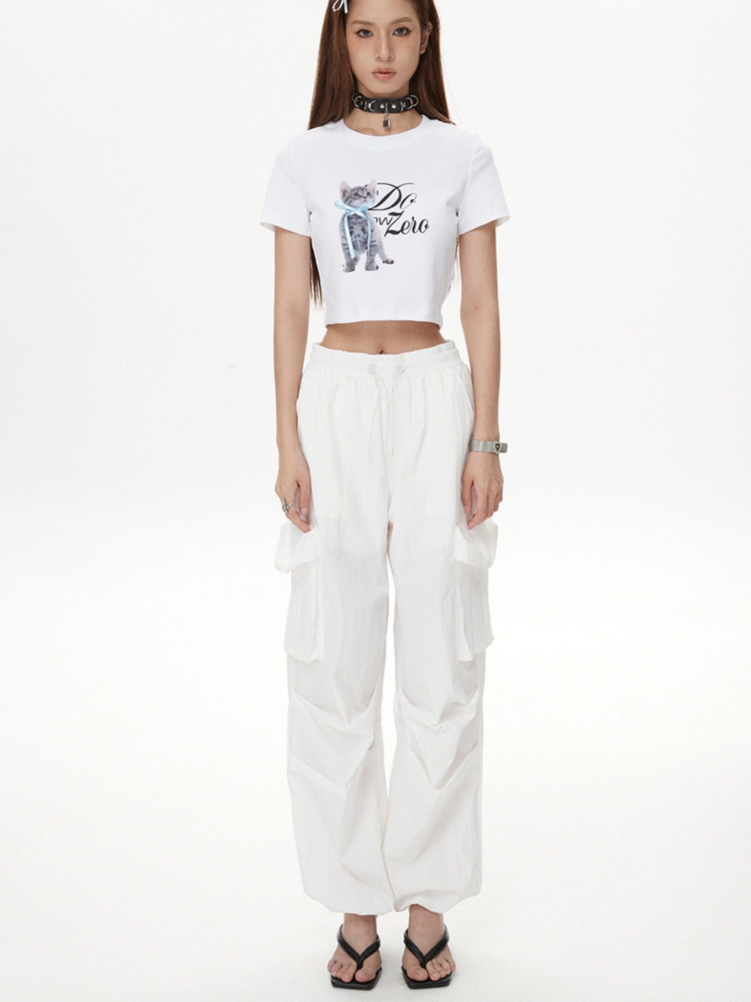 DKZ OFFICIAL White Cat And Text Print Round Neck Short Sleeve Women&