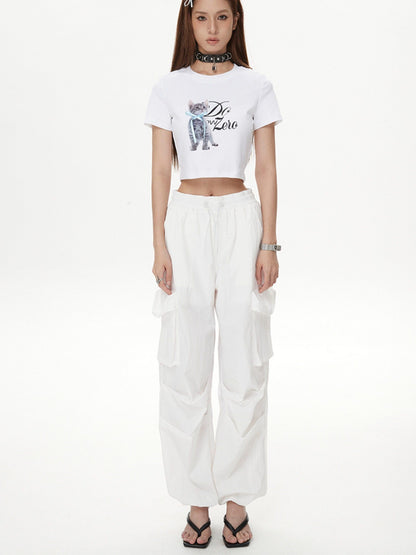 DKZ OFFICIAL White Cat And Text Print Round Neck Short Sleeve Women&