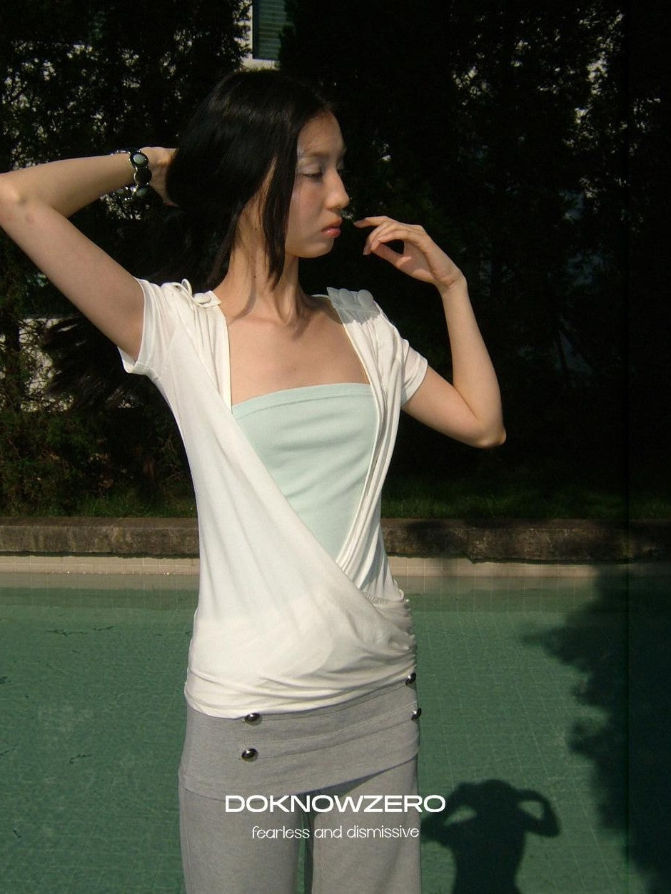 DKZ OFFICIAL White Cross Wrap Deep V Draped Pleat Two Piece Women&