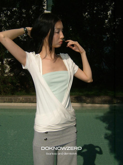 DKZ OFFICIAL White Cross Wrap Deep V Draped Pleat Two Piece Women&