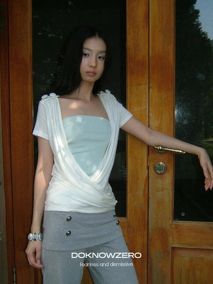 DKZ OFFICIAL White Cross Wrap Deep V Draped Pleat Two Piece Women&