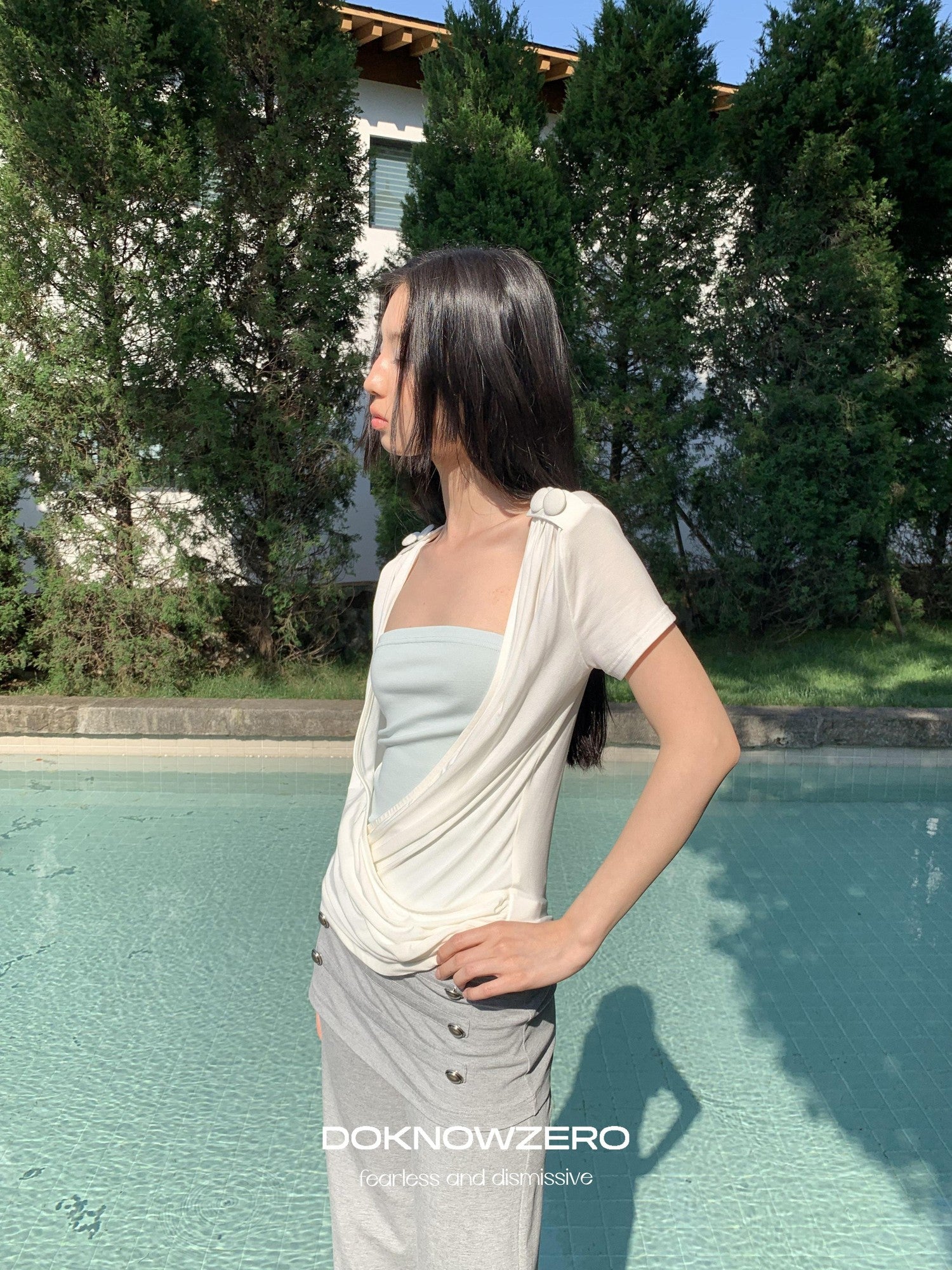 DKZ OFFICIAL White Cross Wrap Deep V Draped Pleat Two Piece Women&