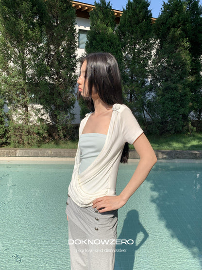 DKZ OFFICIAL White Cross Wrap Deep V Draped Pleat Two Piece Women&