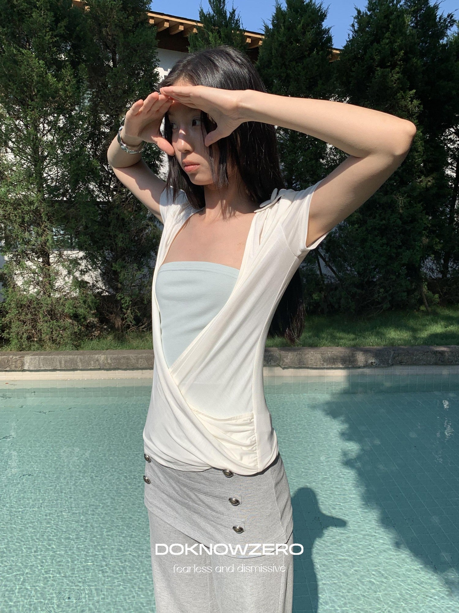 DKZ OFFICIAL White Cross Wrap Deep V Draped Pleat Two Piece Women&