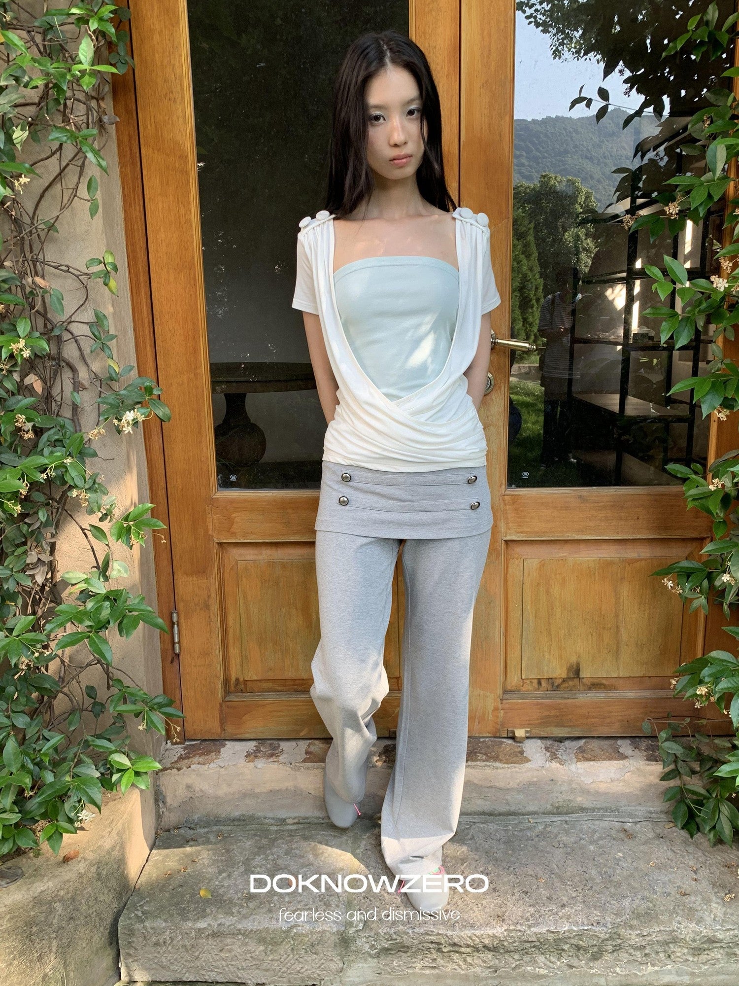 DKZ OFFICIAL White Cross Wrap Deep V Draped Pleat Two Piece Women&