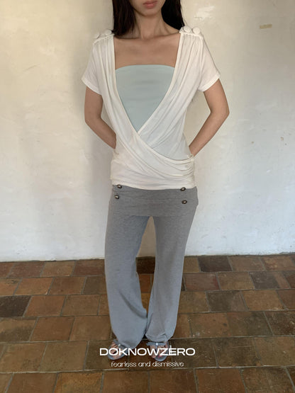 DKZ OFFICIAL White Cross Wrap Deep V Draped Pleat Two Piece Women&