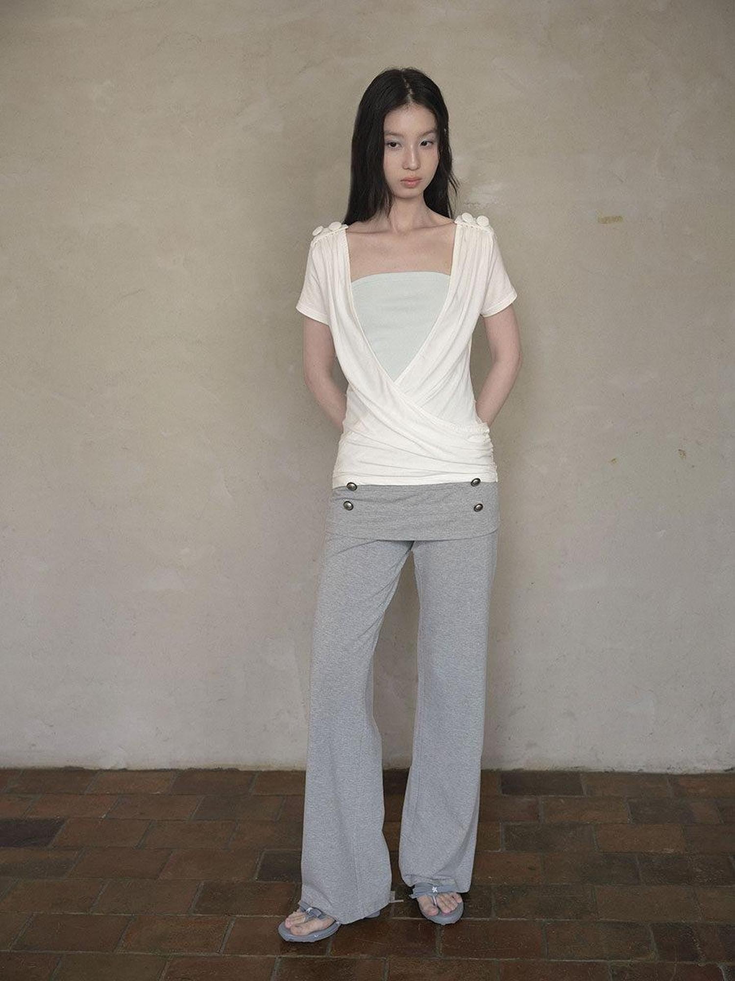 DKZ OFFICIAL White Cross Wrap Deep V Draped Pleat Two Piece Women&