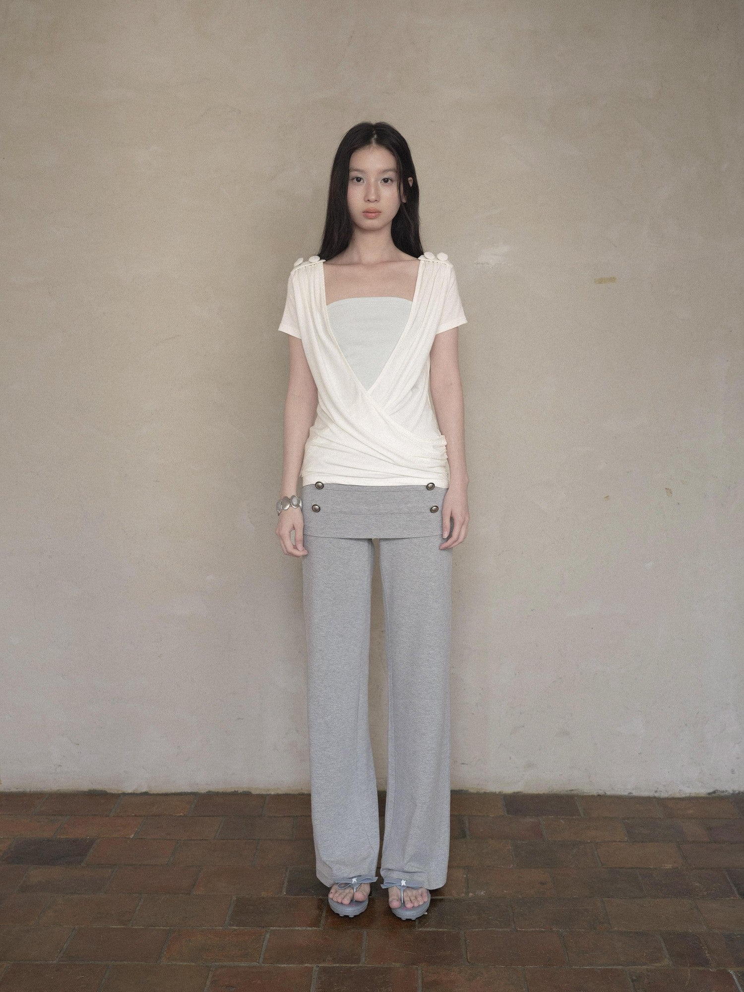 DKZ OFFICIAL White Cross Wrap Deep V Draped Pleat Two Piece Women&