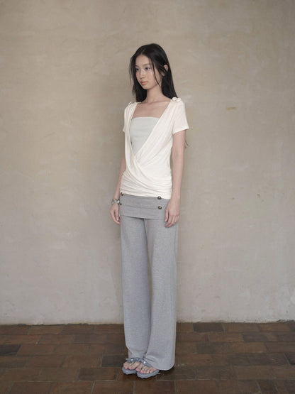 DKZ OFFICIAL White Cross Wrap Deep V Draped Pleat Two Piece Women&