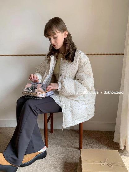 DKZ OFFICIAL White Floral Contrast Collar Duck Down Puffer Coat