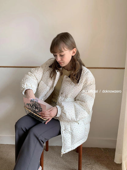 DKZ OFFICIAL White Floral Contrast Collar Duck Down Puffer Coat