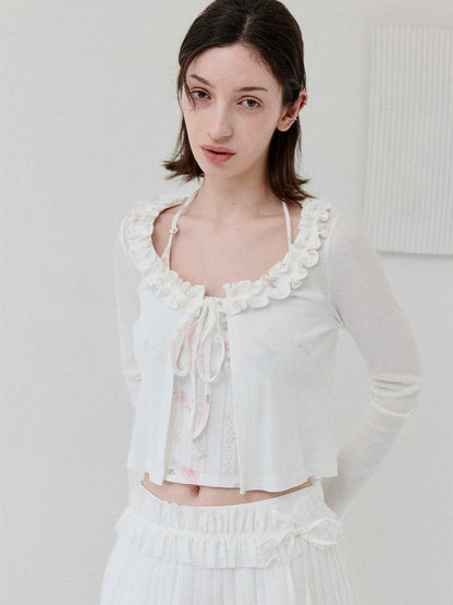 DKZ OFFICIAL White Floral Ruffle Knit Tie Cropped U Neck Two Piece Women&