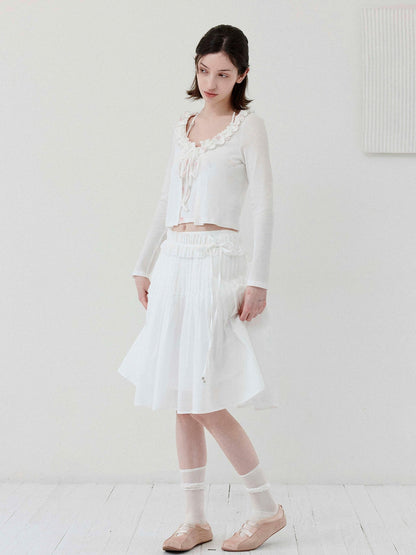 DKZ OFFICIAL White Floral Ruffle Knit Tie Cropped U Neck Two Piece Women&