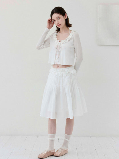DKZ OFFICIAL White Floral Ruffle Knit Tie Cropped U Neck Two Piece Women&