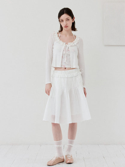 DKZ OFFICIAL White Floral Ruffle Knit Tie Cropped U Neck Two Piece Women&