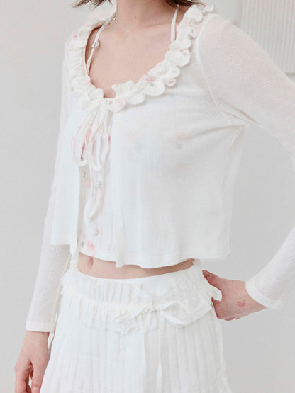 DKZ OFFICIAL White Floral Ruffle Knit Tie Cropped U Neck Two Piece Women&