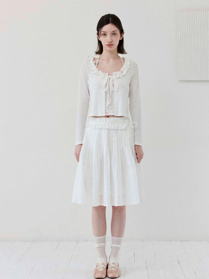 DKZ OFFICIAL White Floral Ruffle Knit Tie Cropped U Neck Two Piece Women&